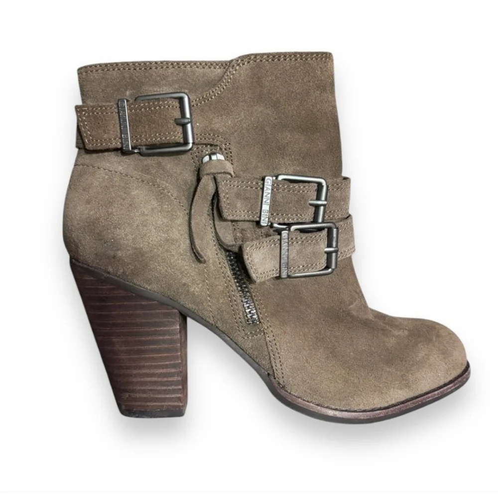 GIANNI BINI Grey Suede Side Zip Ankle Booties Double Buckle